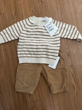 Nordstrom Baby Cream & Tan Striped Knit Sweater with Tan Corduroy Pants size 3M